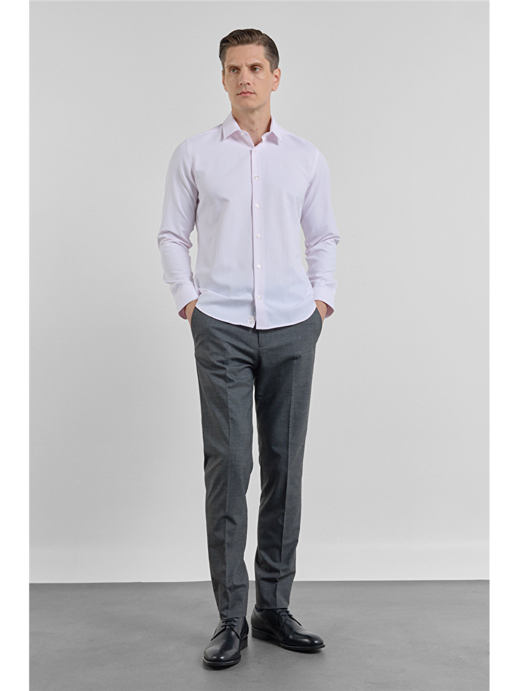 Pembe Pudra Kendinden Desenli Sert Yaka Uzun Kol Cepsiz Slim Fit Pamuklu Gömlek 1004255283-1