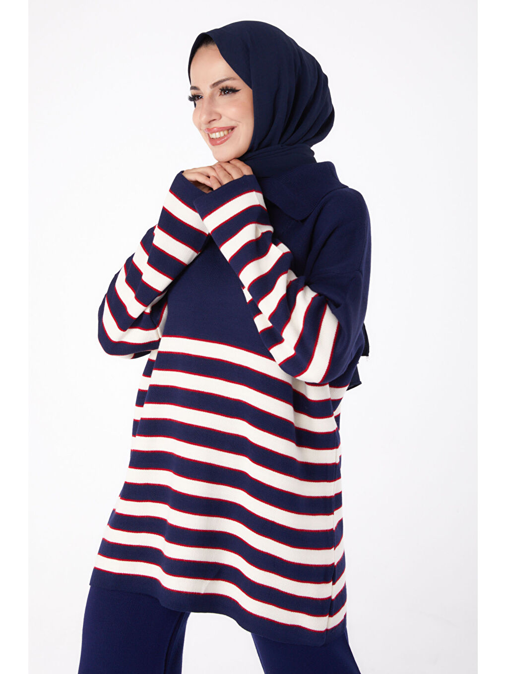 Gömlek Yaka Kadın Lacivert Çizgili Triko Takım - 26302-2