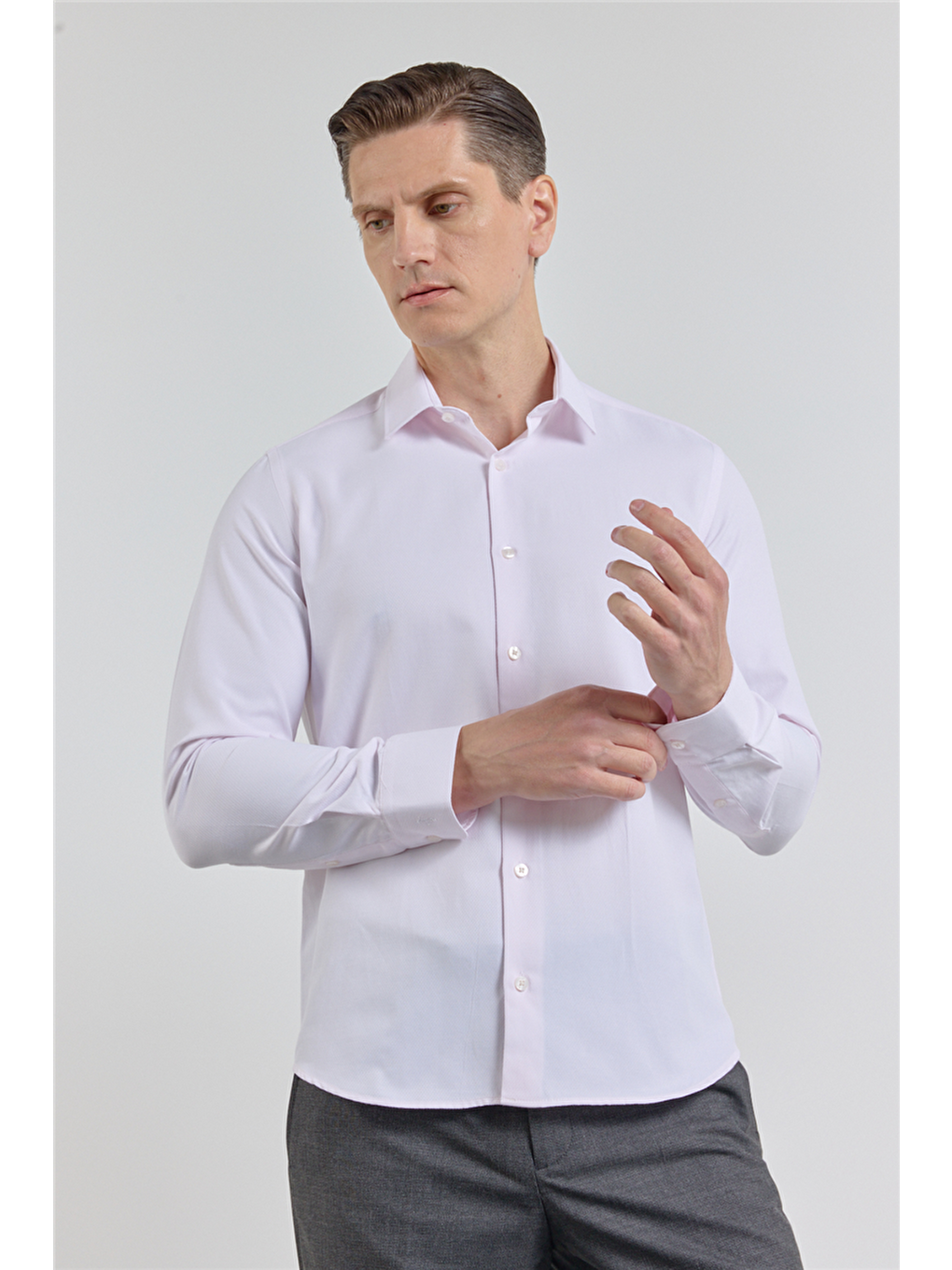 Pembe Pudra Kendinden Desenli Sert Yaka Uzun Kol Cepsiz Slim Fit Pamuklu Gömlek 1004255283-2