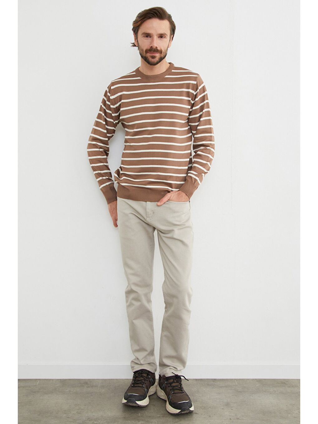 Kahverengi Çizgili Bisiklet Yaka Kazak-2