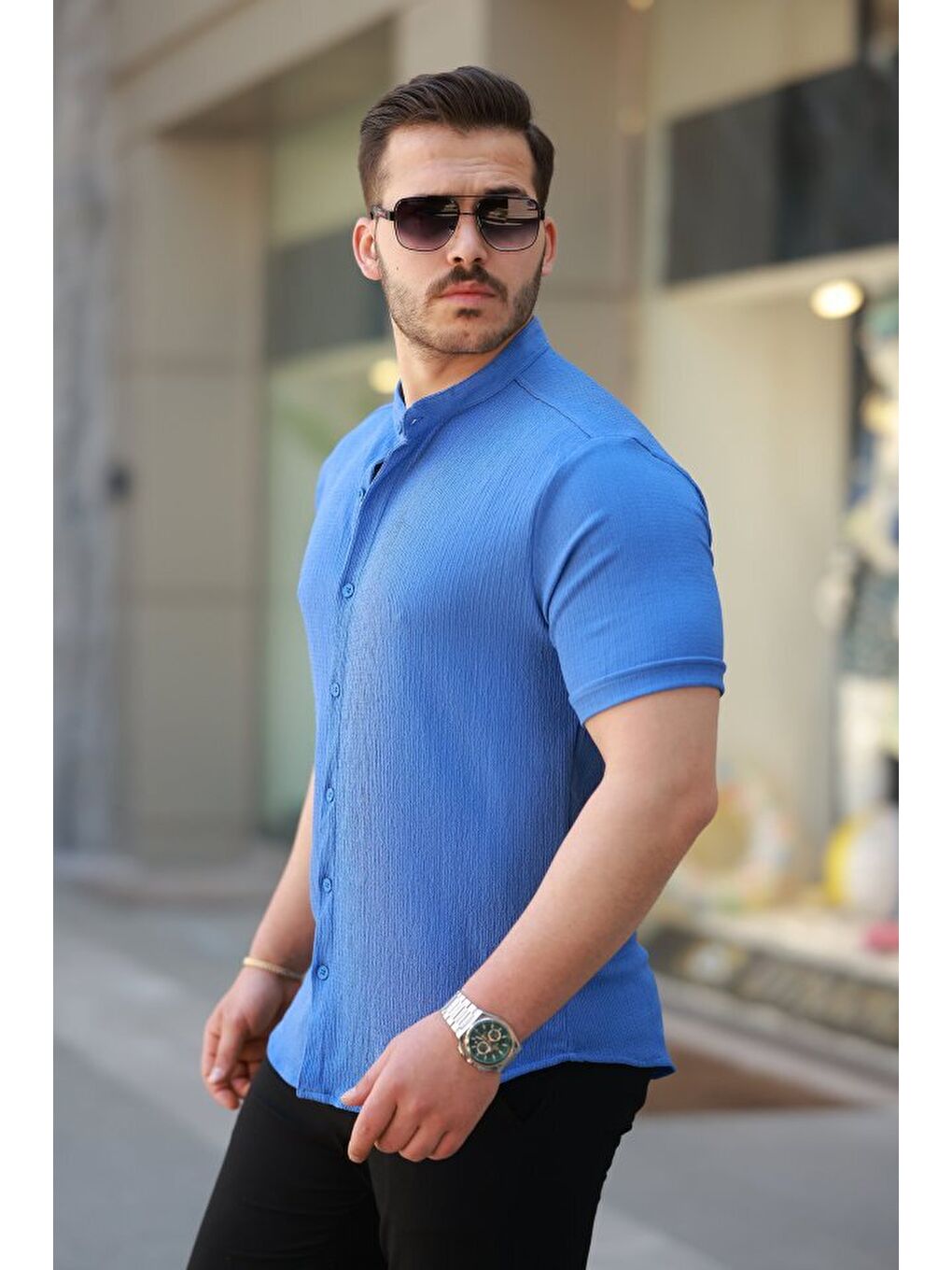 Mavi Erkek Hakim Yaka Kısa Kollu Gömlek-1