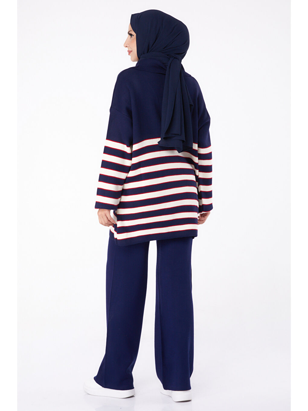 Gömlek Yaka Kadın Lacivert Çizgili Triko Takım - 26302-3