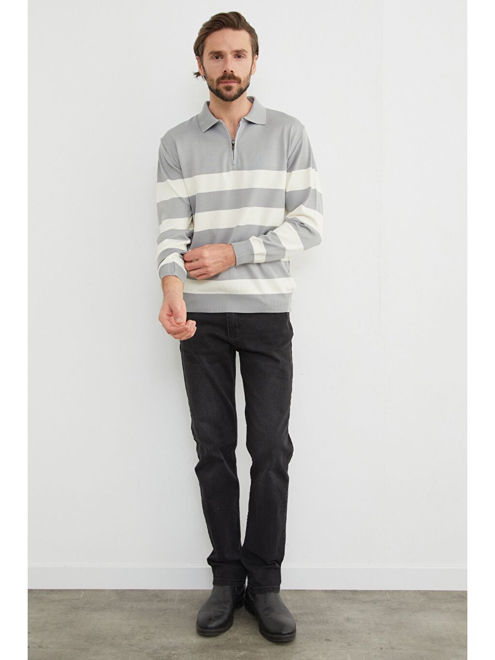 Gri Çizgili Yarım Fermuarlı Polo Yaka Triko Kazak-2