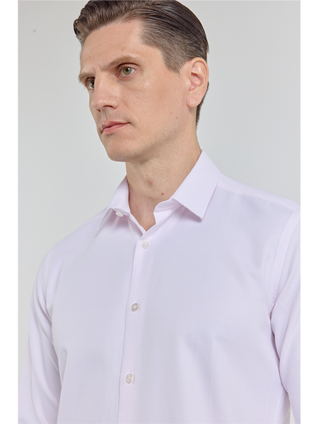 Pembe Pudra Kendinden Desenli Sert Yaka Uzun Kol Cepsiz Slim Fit Pamuklu Gömlek 1004255283-3