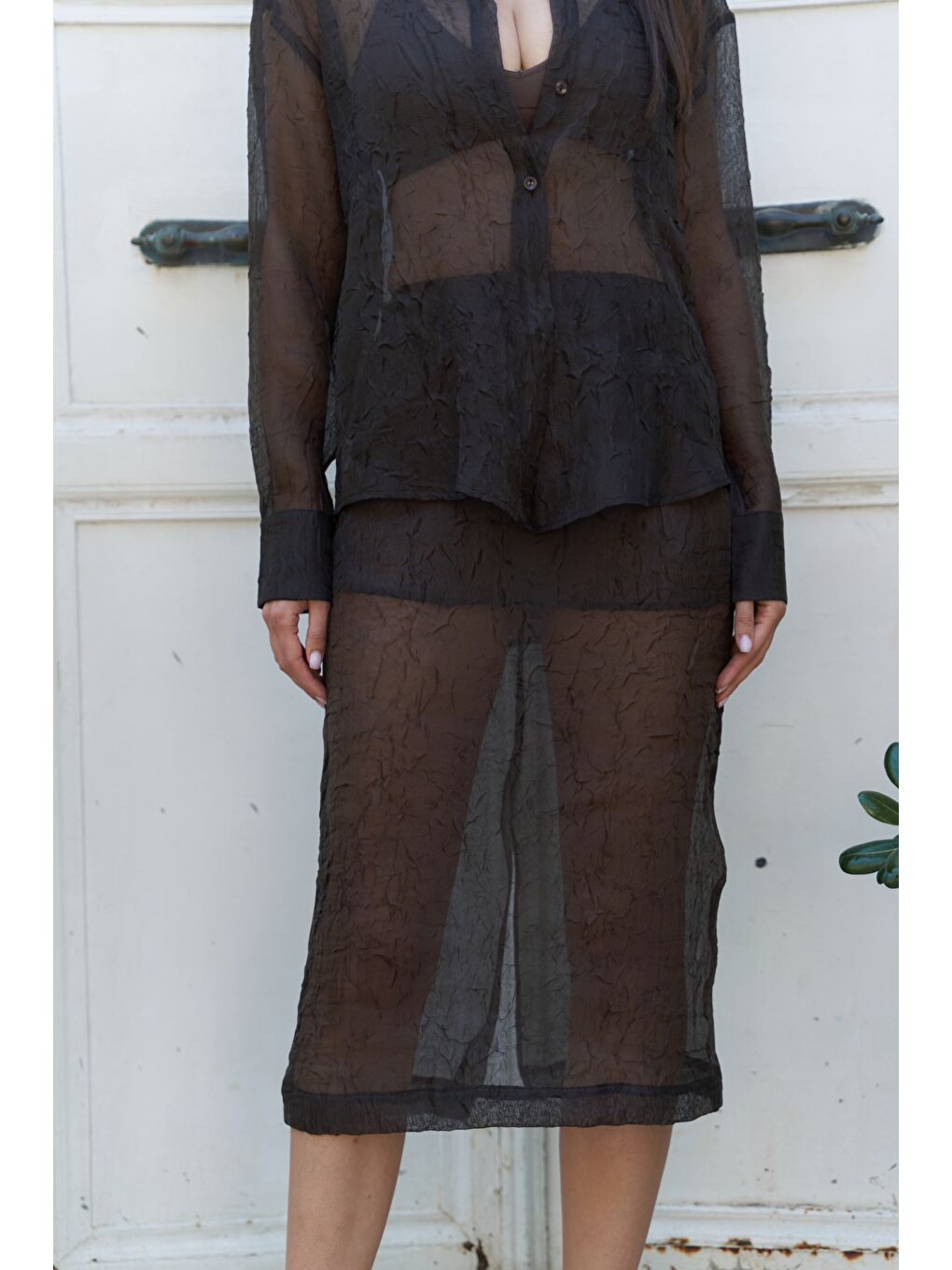 Kahverengi Sorcha Kahve Transparan Gömlek Etek Takım-7