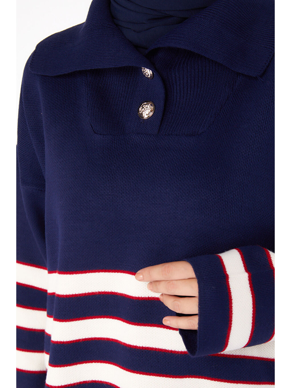 Gömlek Yaka Kadın Lacivert Çizgili Triko Takım - 26302-4