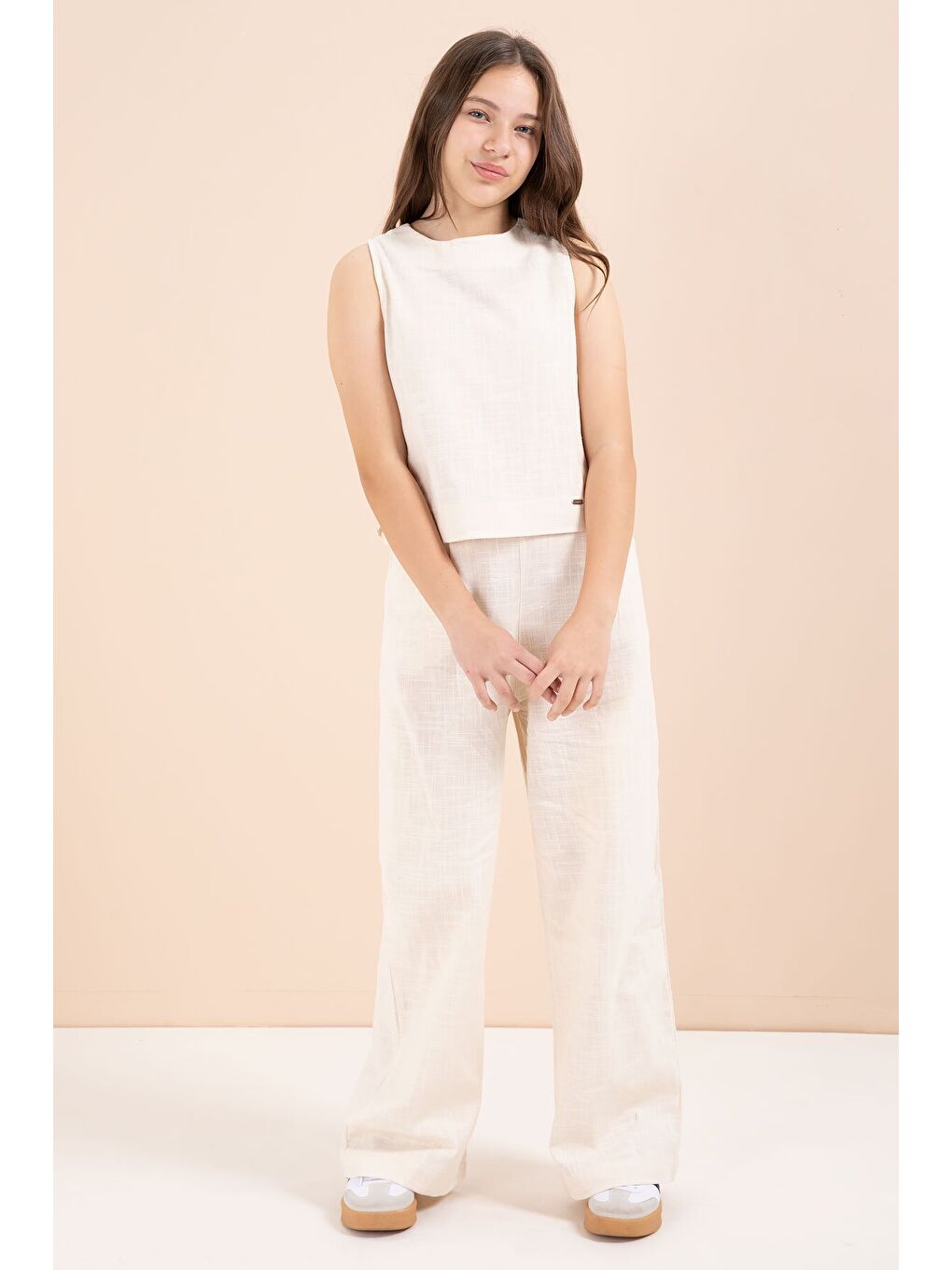 Ekru Krem Geniş Paça Pantolonlu Kız Çocuk Keten Croplu Takım 23448