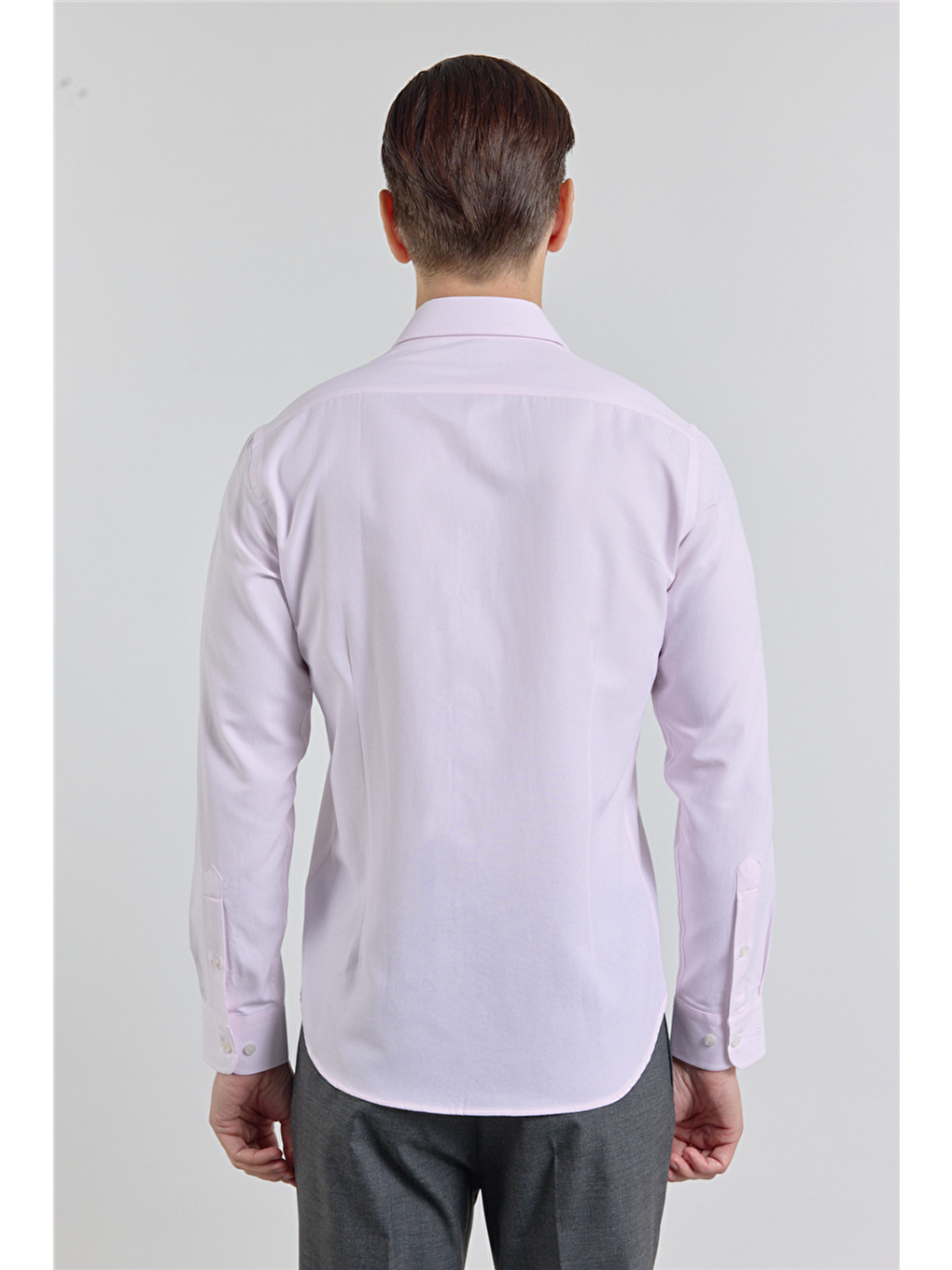 Pembe Pudra Kendinden Desenli Sert Yaka Uzun Kol Cepsiz Slim Fit Pamuklu Gömlek 1004255283-4