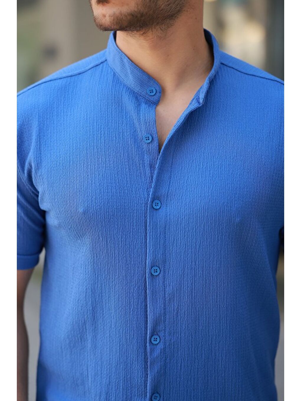 Mavi Erkek Hakim Yaka Kısa Kollu Gömlek-2