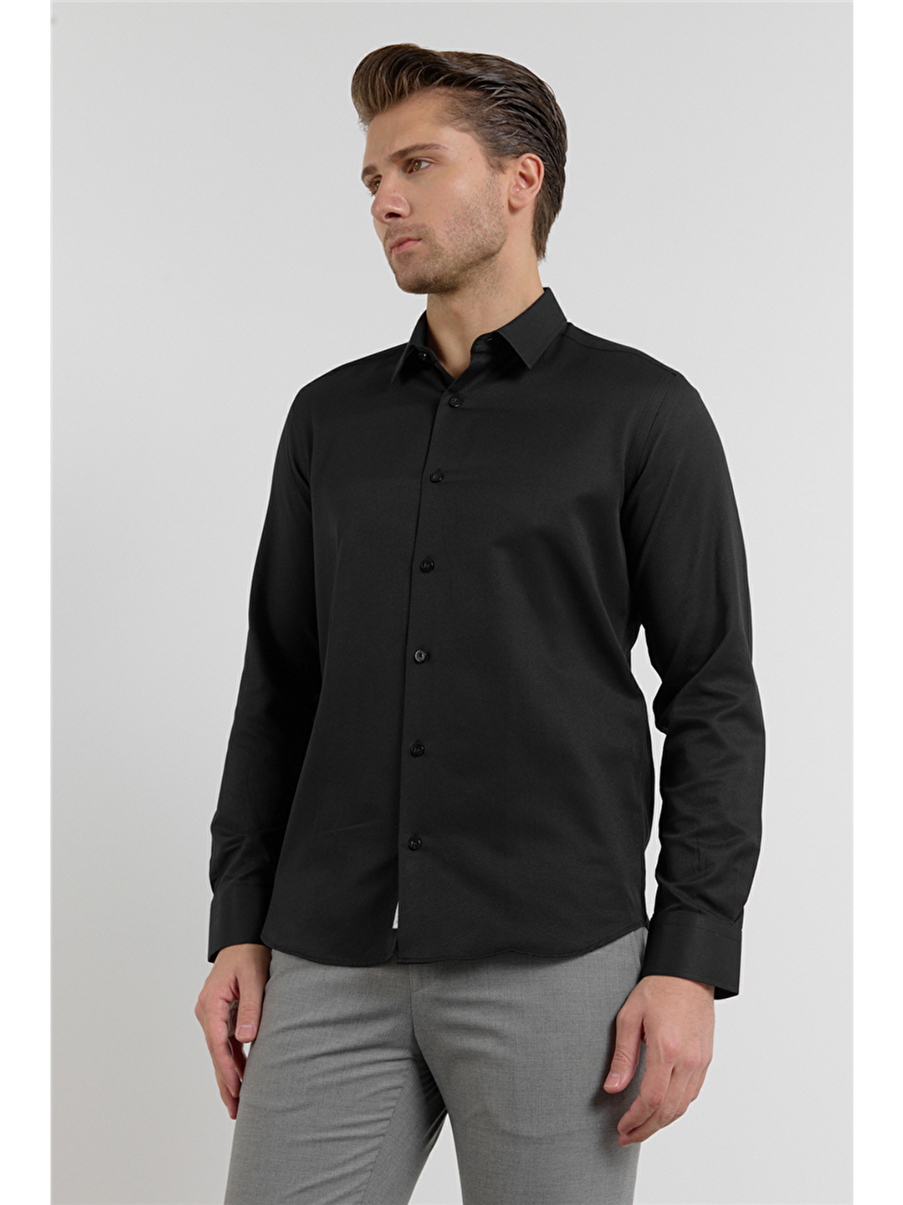 Siyah Kendinden Desenli Sert Yaka Uzun Kol Cepsiz Slim Fit Pamuklu Gömlek 1004255283-2