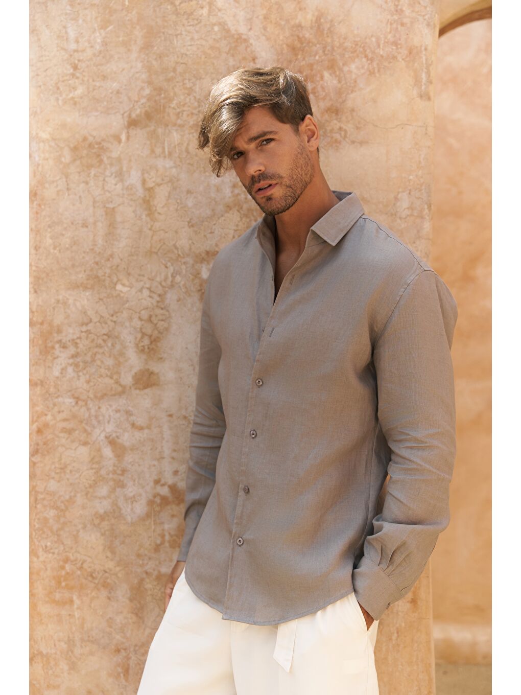 Gri Ottavia Füme Keten Oversize Erkek Gömlek-1