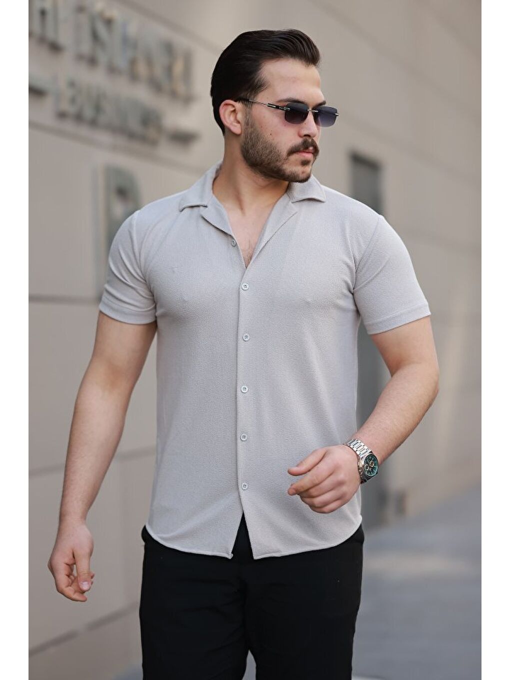 Antrasit Erkek Kısa Kollu örme Kumaş Pamuklu Gömlek