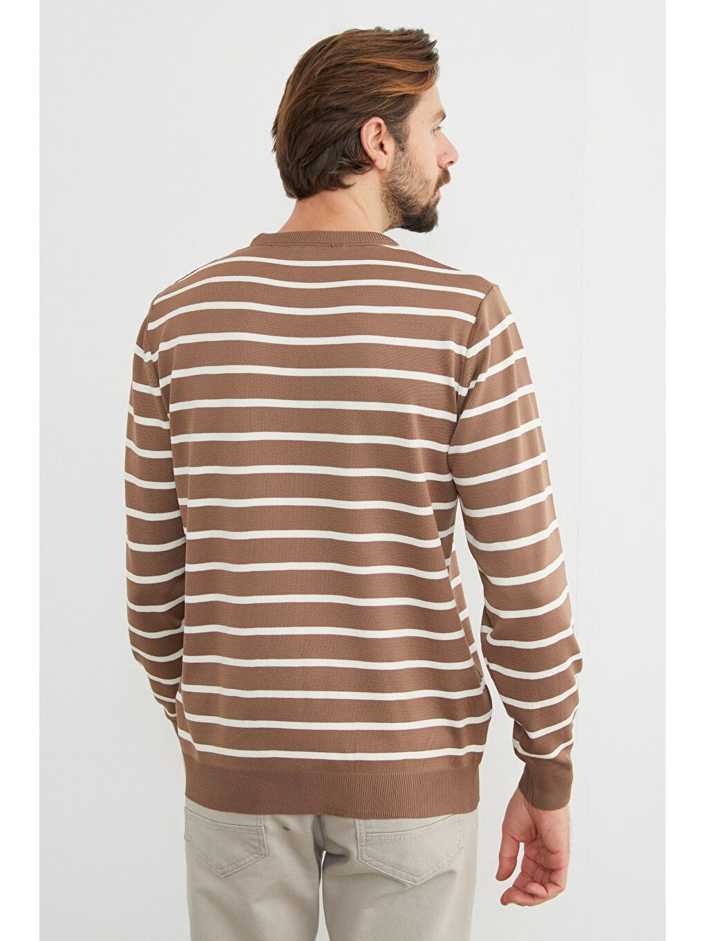 Kahverengi Çizgili Bisiklet Yaka Kazak-4