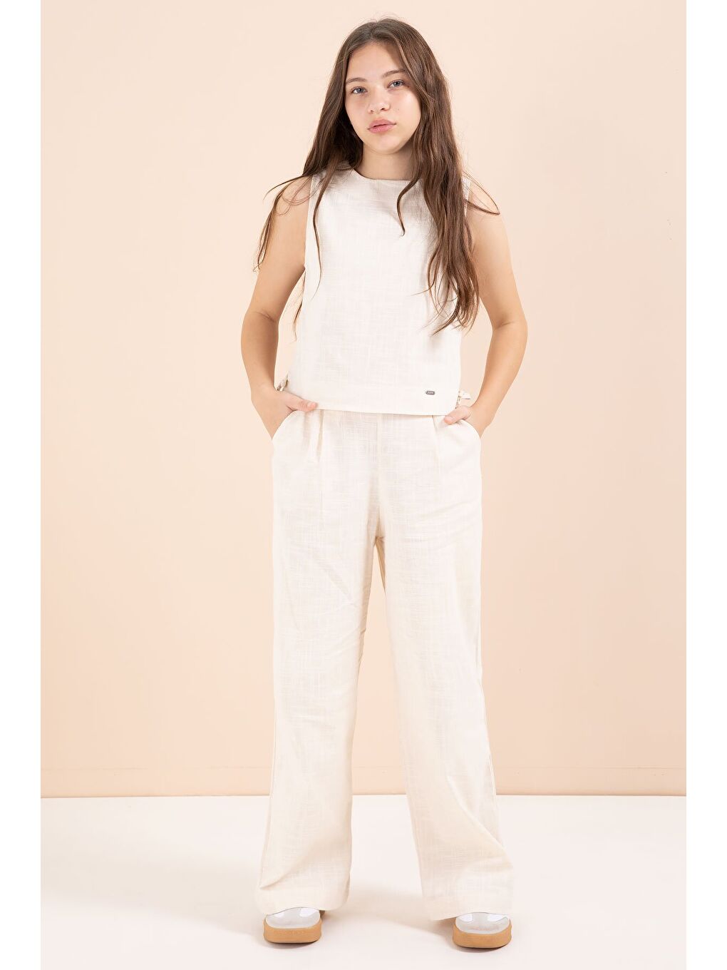 Ekru Krem Geniş Paça Pantolonlu Kız Çocuk Keten Croplu Takım 23448-1