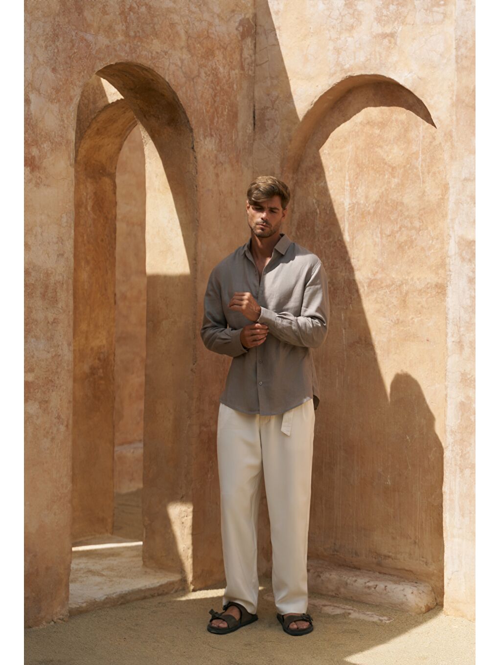 Gri Ottavia Füme Keten Oversize Erkek Gömlek-2