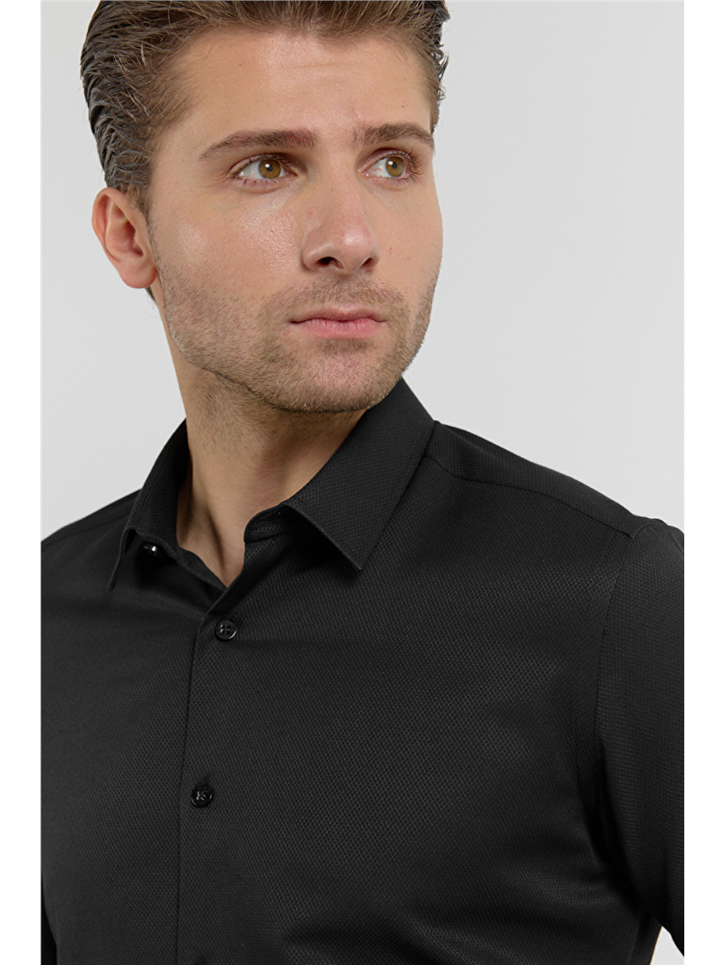 Siyah Kendinden Desenli Sert Yaka Uzun Kol Cepsiz Slim Fit Pamuklu Gömlek 1004255283-3