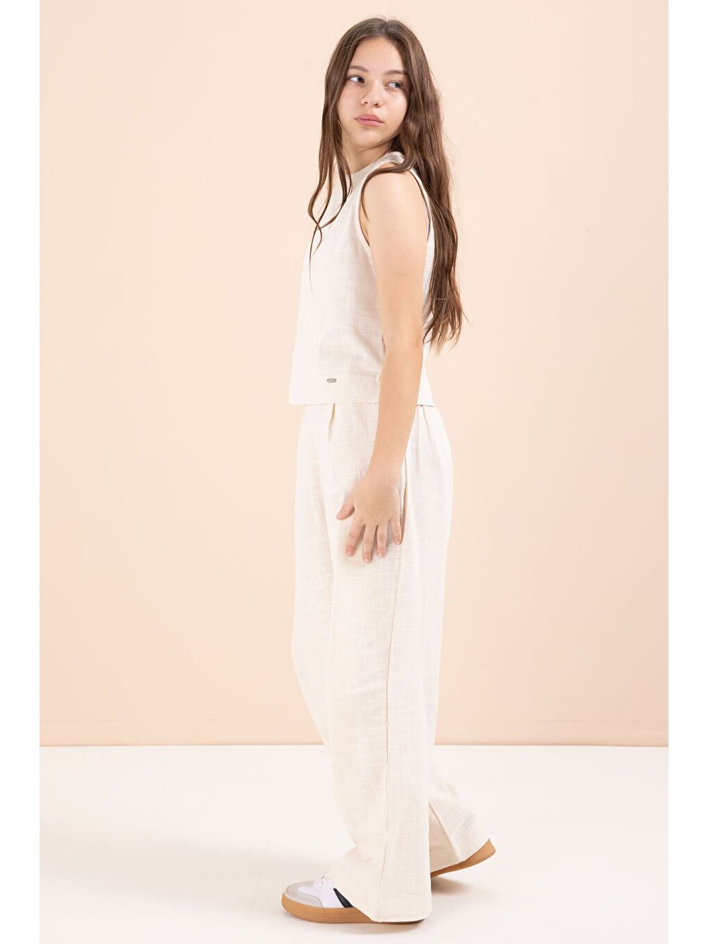 Ekru Krem Geniş Paça Pantolonlu Kız Çocuk Keten Croplu Takım 23448-3