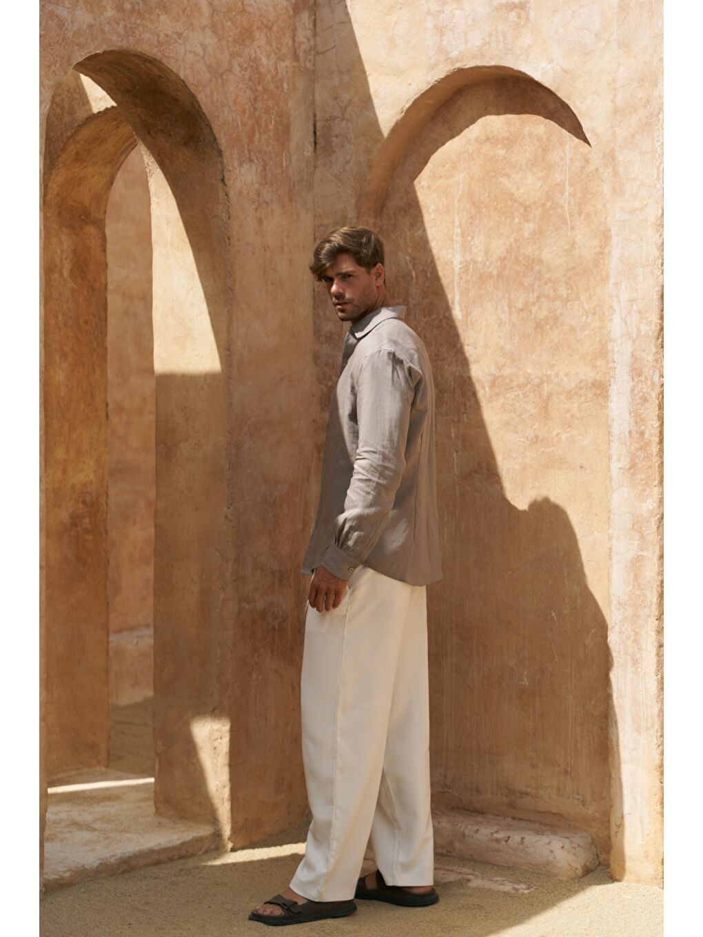 Gri Ottavia Füme Keten Oversize Erkek Gömlek-3