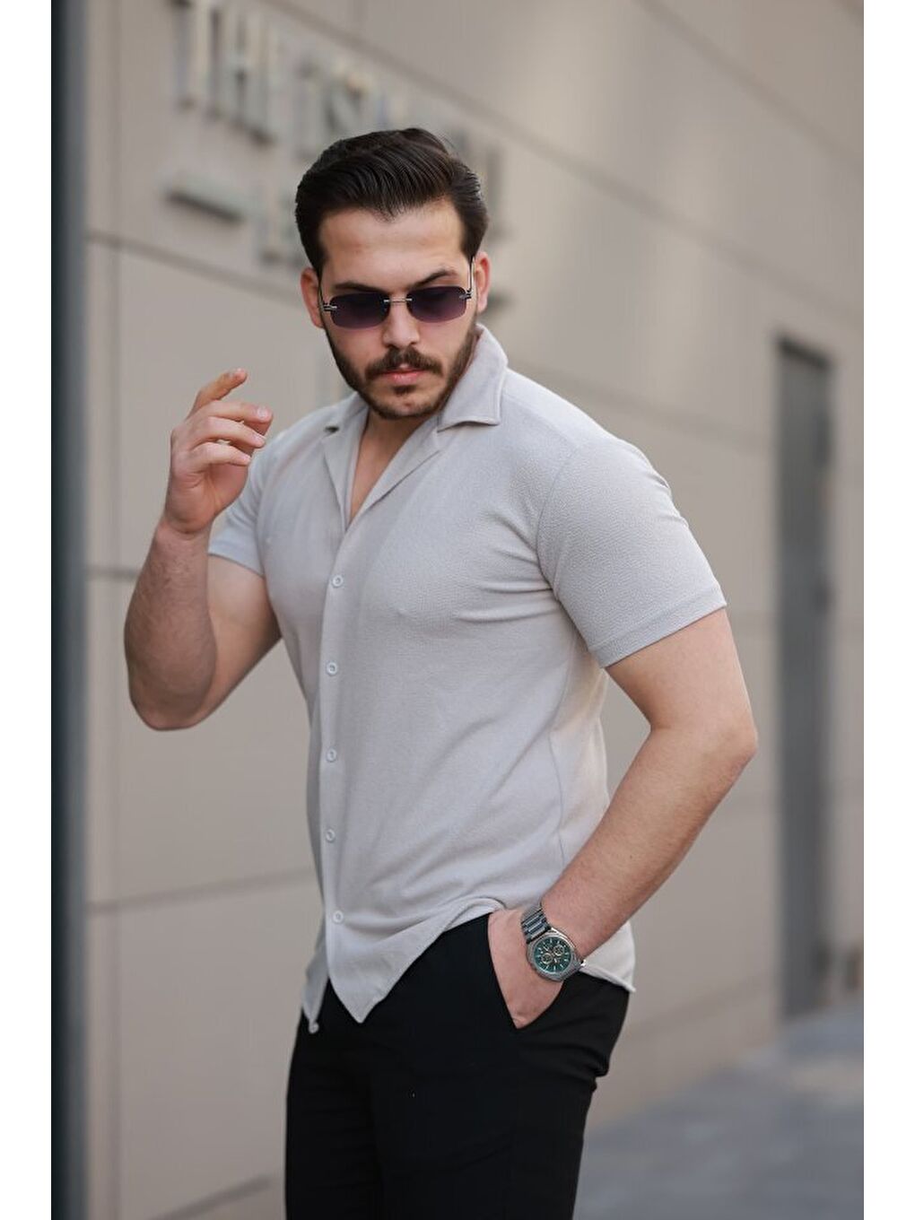 Antrasit Erkek Kısa Kollu örme Kumaş Pamuklu Gömlek-1