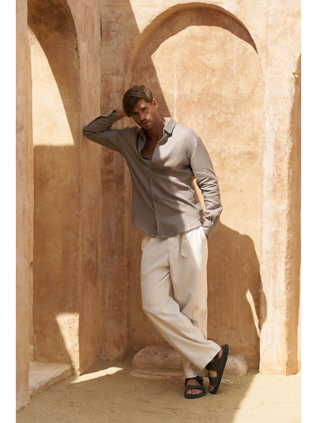 Gri Ottavia Füme Keten Oversize Erkek Gömlek-5