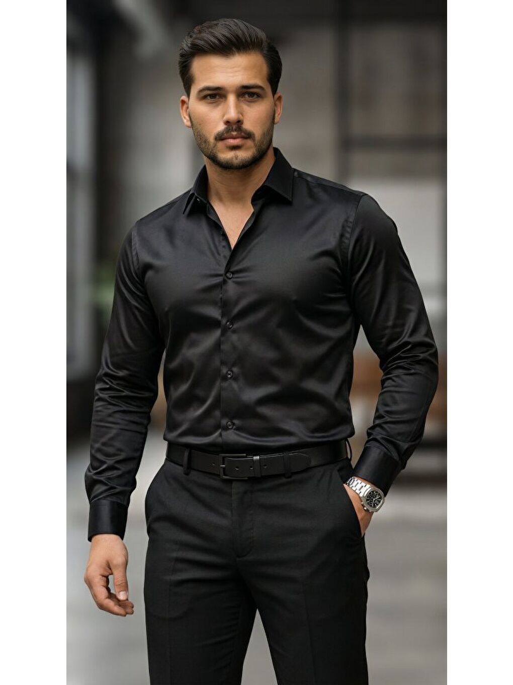 Siyah Erkek Saten Klasik Gömlek