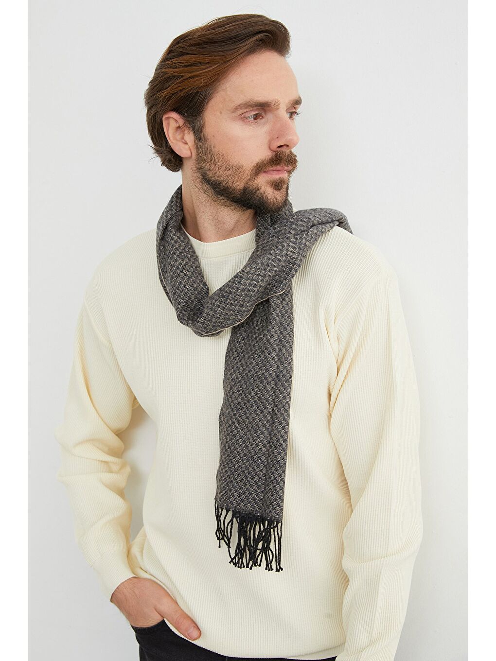 Ekru Basic Bisiklet Yaka Triko Kazak-1