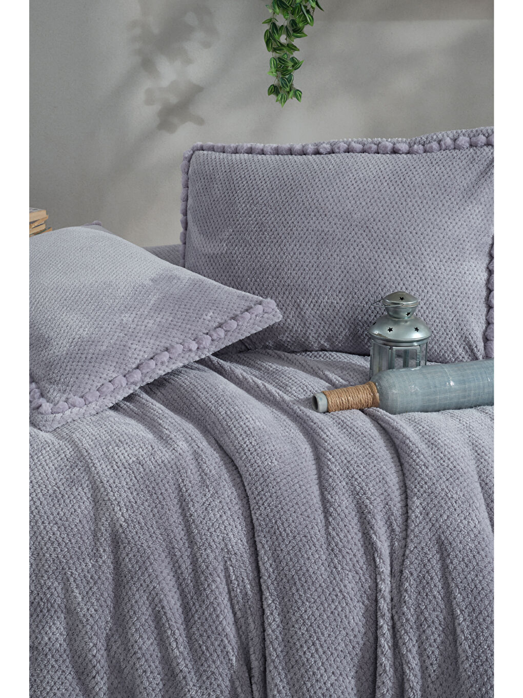 Welsoft Ponpon Detaylı Yatak Örtüsü Seti Çift Kişilik Masse Gri-1