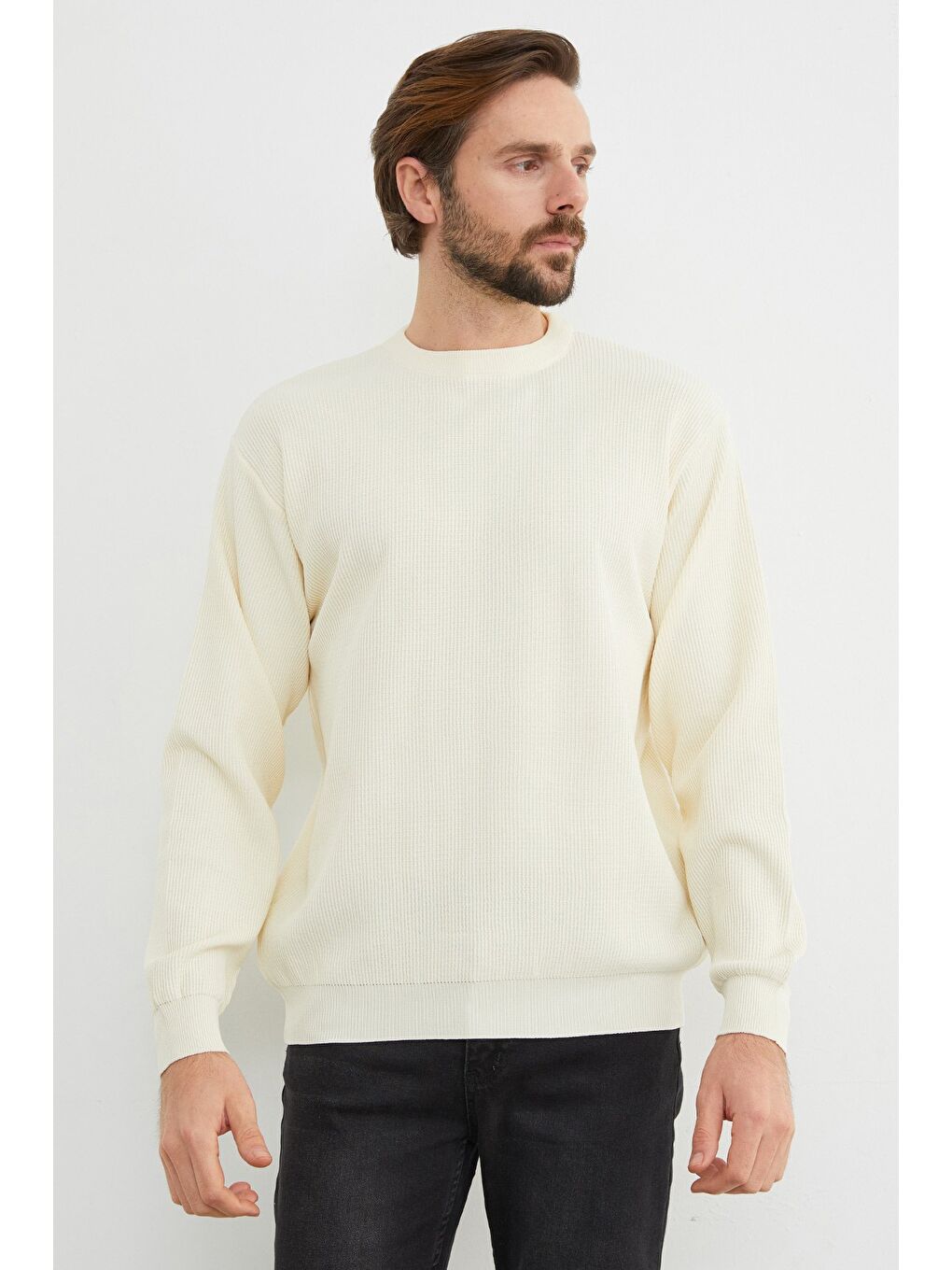 Ekru Basic Bisiklet Yaka Triko Kazak-2