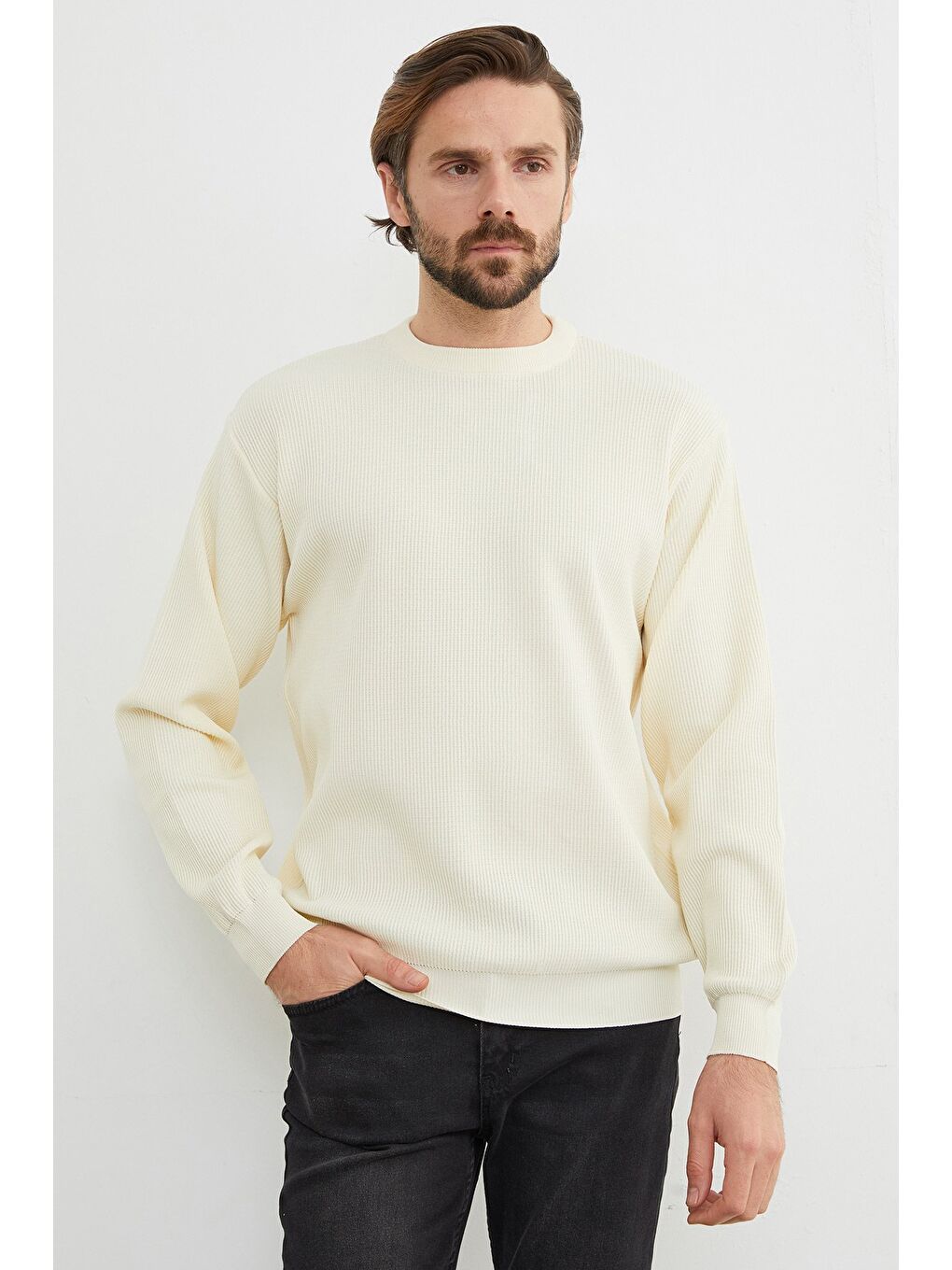 Ekru Basic Bisiklet Yaka Triko Kazak-3