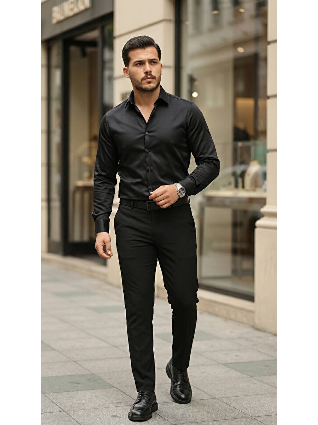 Siyah Erkek Saten Klasik Gömlek-1