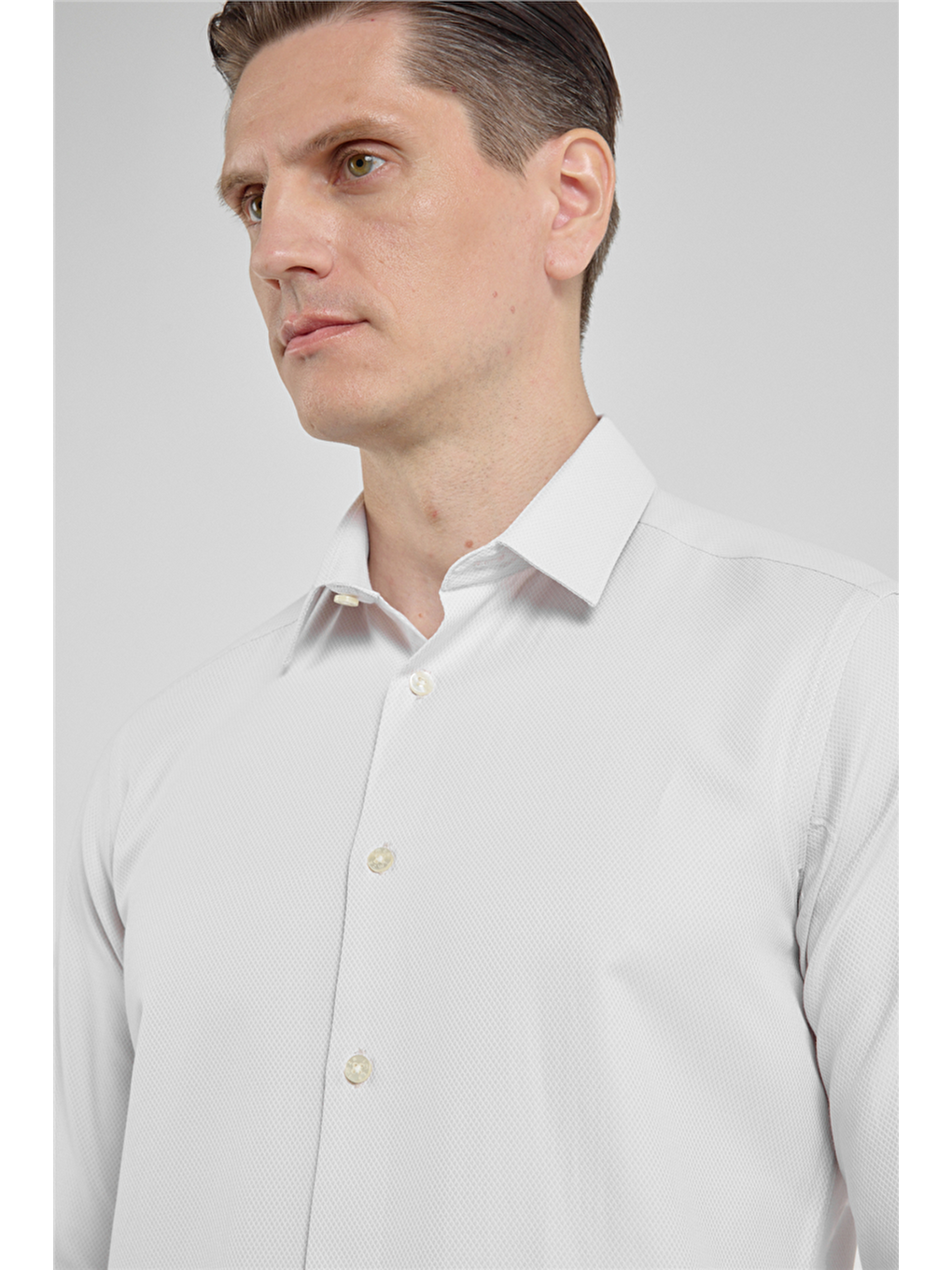 Koyu Bej Kendinden Desenli Sert Yaka Uzun Kol Cepsiz Slim Fit Pamuklu Gömlek 1004255283-3