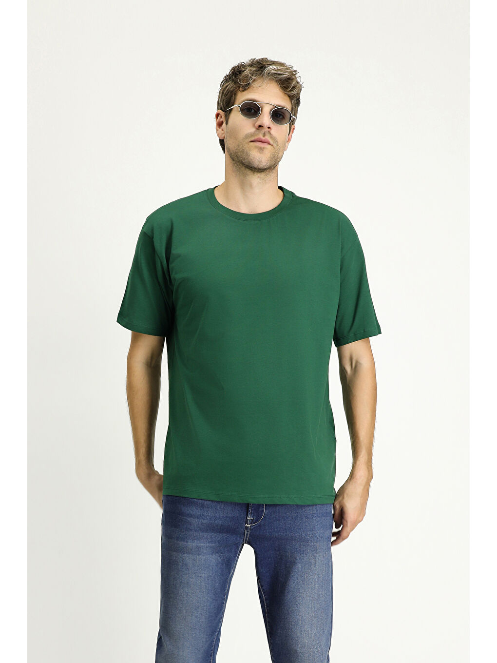 Yeşil Bisiklet Yaka Oversize Süprem Pamuk Tişört