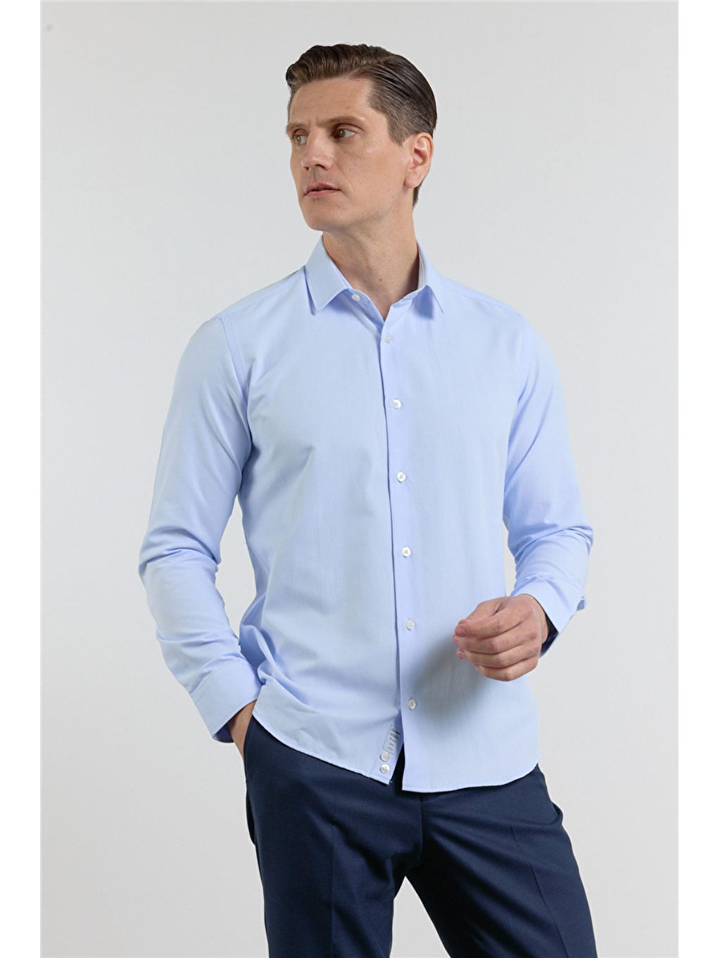 Mavi Kendinden Desenli Sert Yaka Uzun Kol Cepsiz Slim Fit Pamuklu Gömlek 1004255283-2