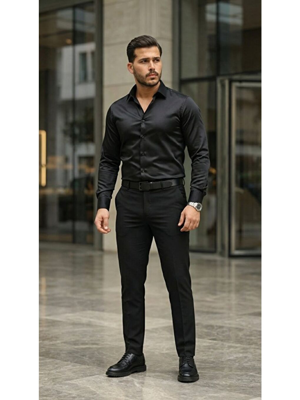 Siyah Erkek Saten Klasik Gömlek-2