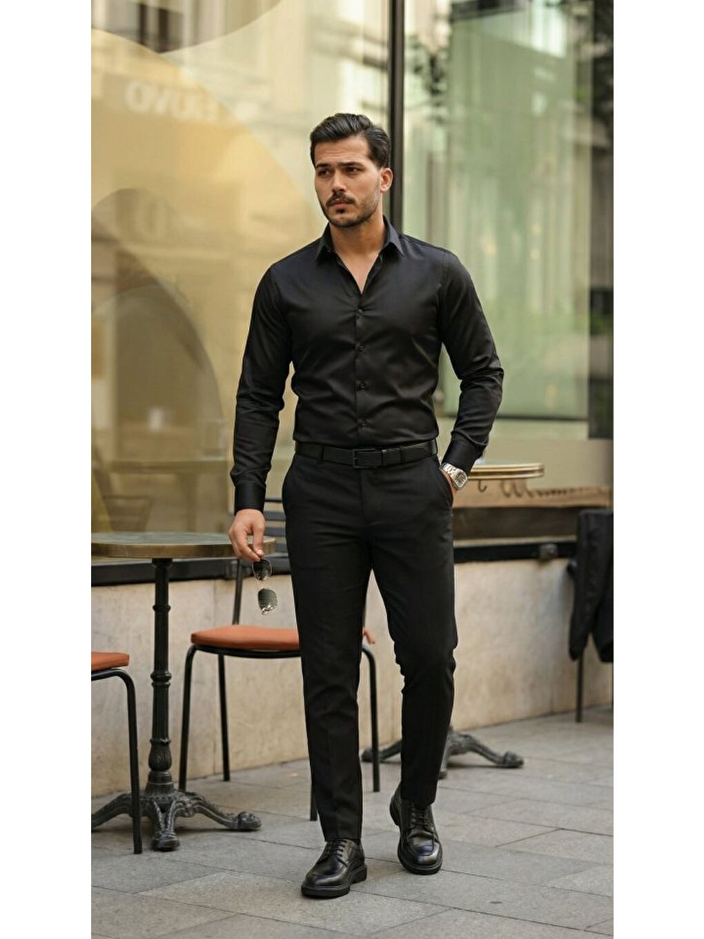 Siyah Erkek Saten Klasik Gömlek-3