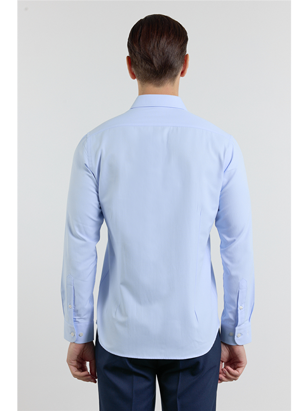 Mavi Kendinden Desenli Sert Yaka Uzun Kol Cepsiz Slim Fit Pamuklu Gömlek 1004255283-4