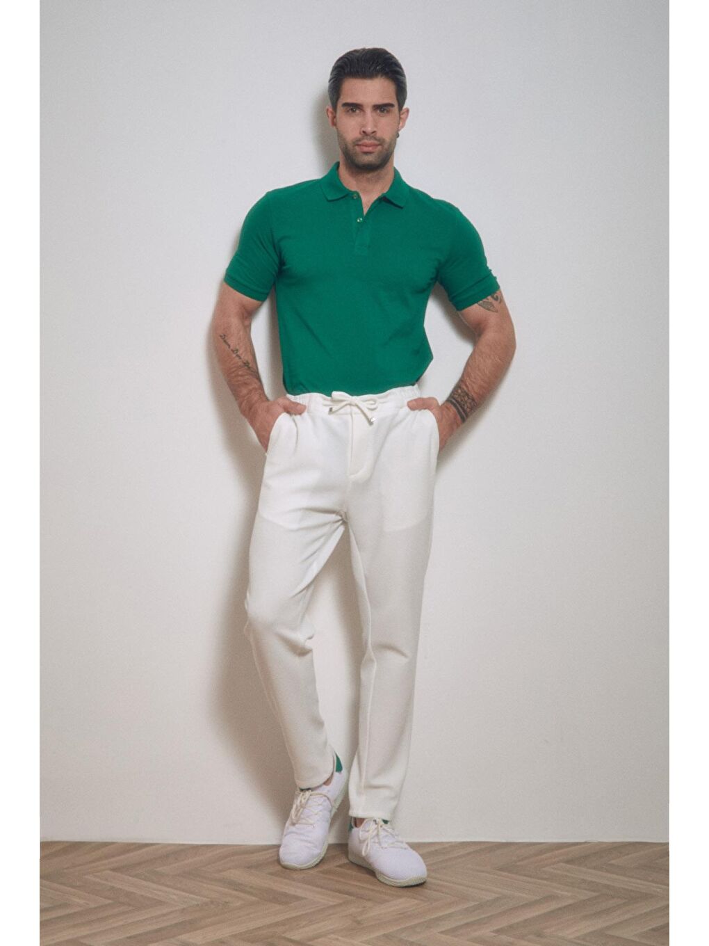 Ekru Waffle Kumaş Beli Bağcıklı Erkek Pantolon-1