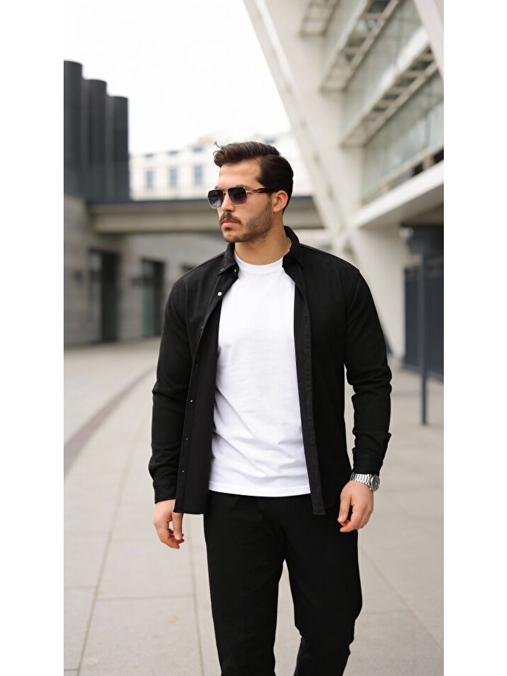 Siyah Erkek Uzun Kollu Süet Gömlek-2