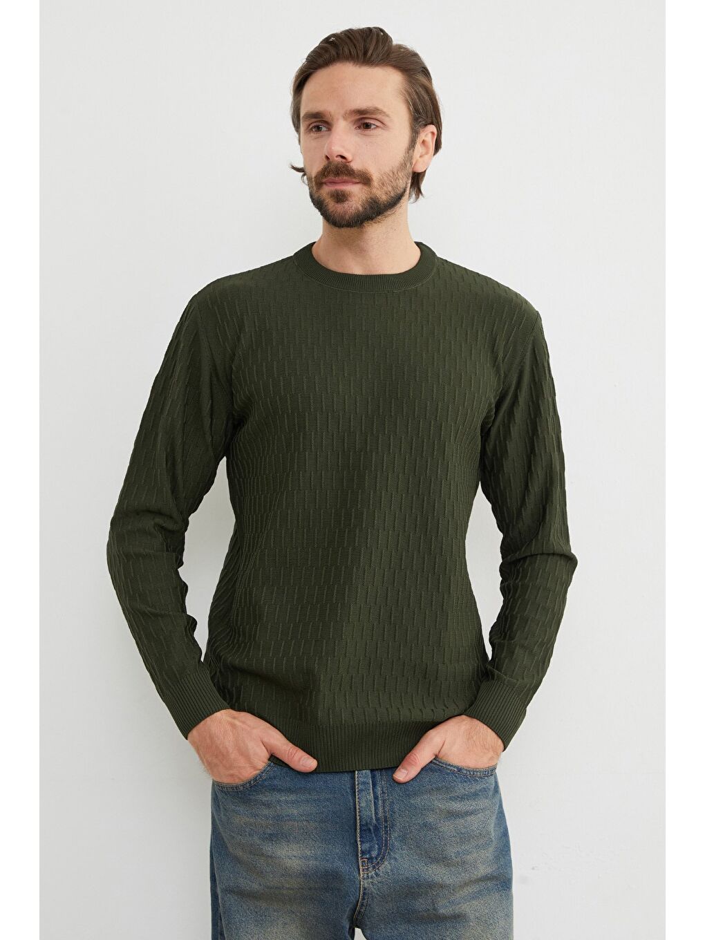 Haki Basic Bisiklet Yaka Triko Kazak