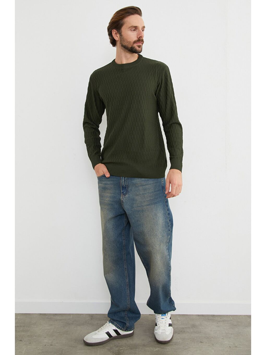 Haki Basic Bisiklet Yaka Triko Kazak-2