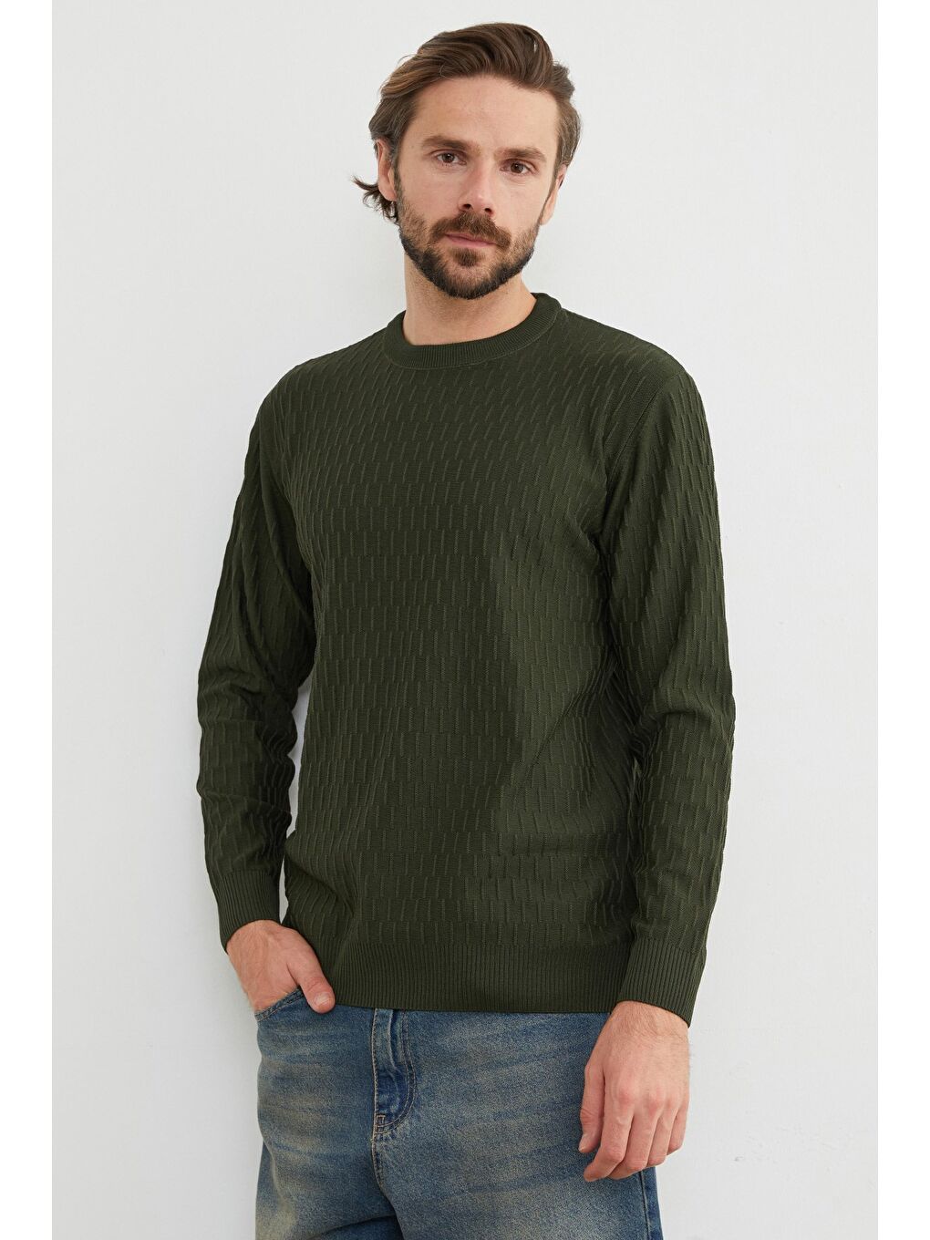 Haki Basic Bisiklet Yaka Triko Kazak-3