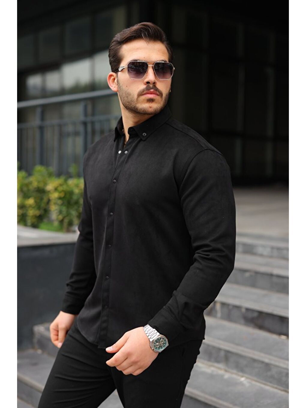 Siyah Erkek Uzun Kollu Süet Gömlek-4