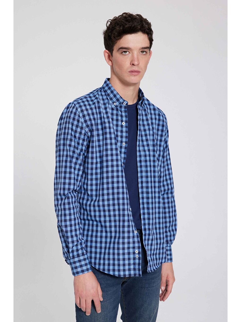 Slim Fit Mavi Kareli Ekoseli Gömlek