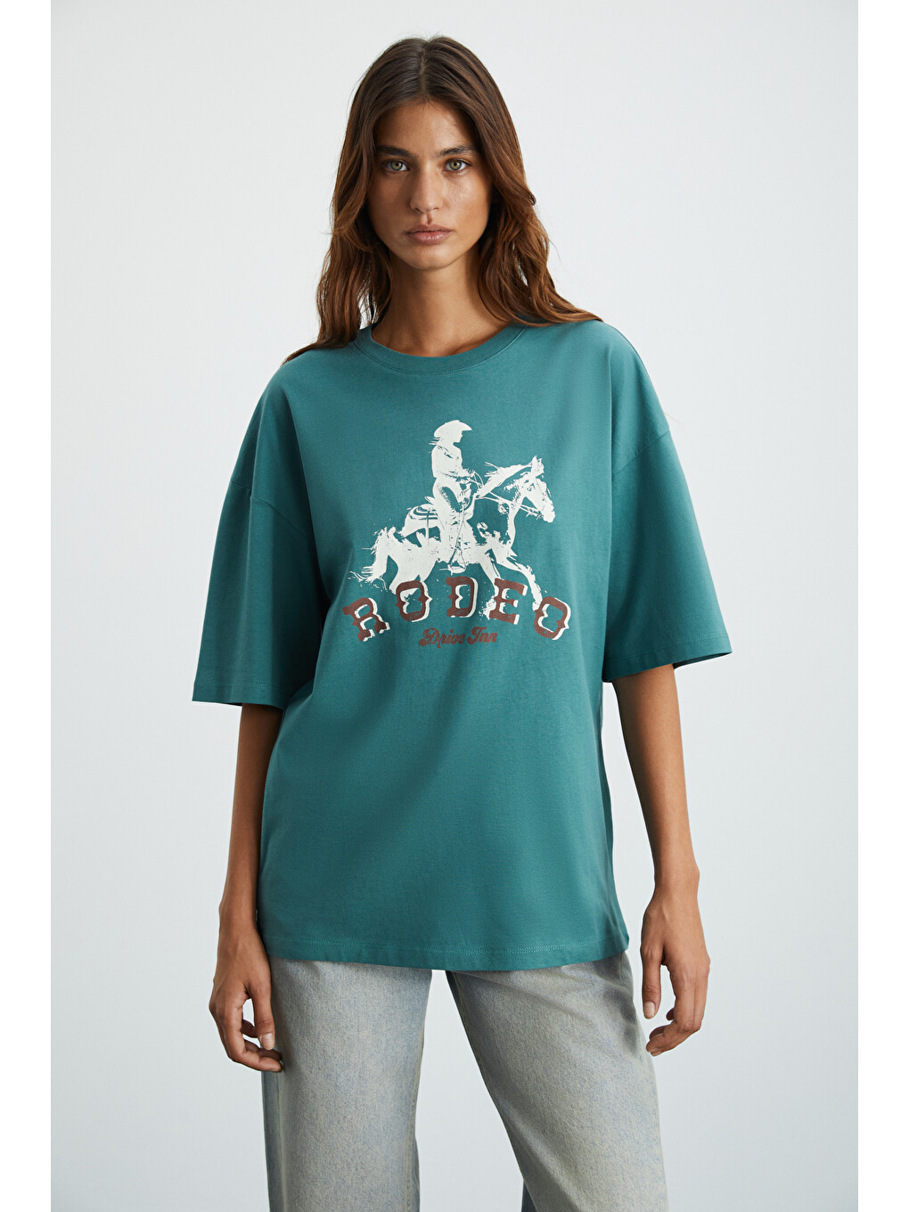 Yeşil MAJER Kadın %100 Organik Pamuklu Western Tema Baskılı Regular Fit YEŞİL T-Shirt