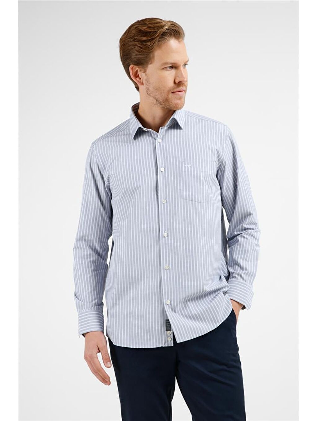 Siyah - Beyaz Çizgili Desen Sert Yaka Uzun Kol Cepli Comfort Fit Pamuklu Gömlek 1004255277