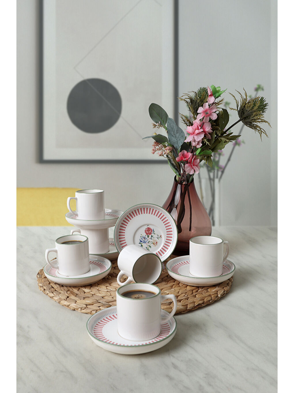 Karışık Rose Line Nordic Kahve Takımı 12 Parça 6 Kişilik