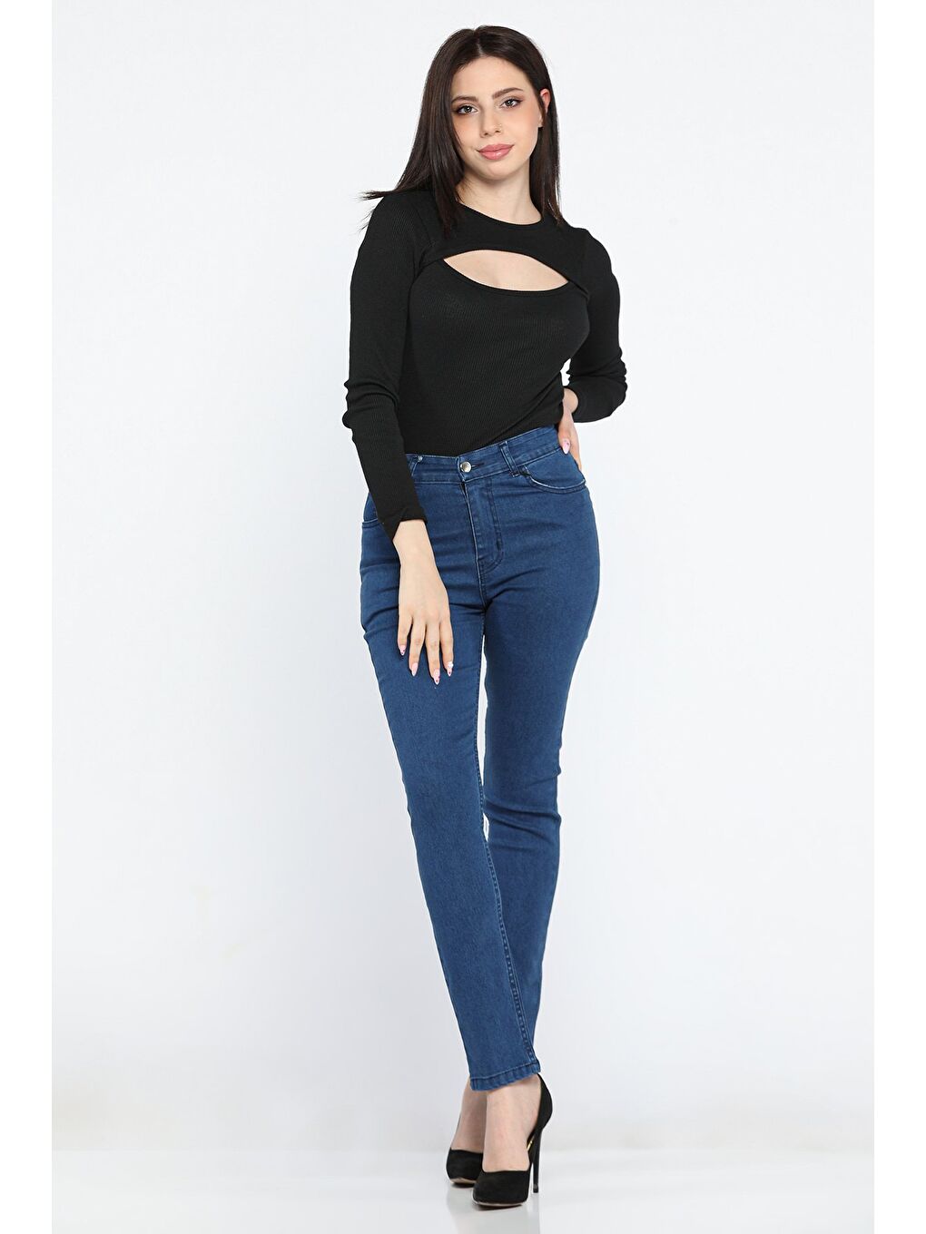 Lacivert Yüksek Bel Kadın Jean Pantolon-1