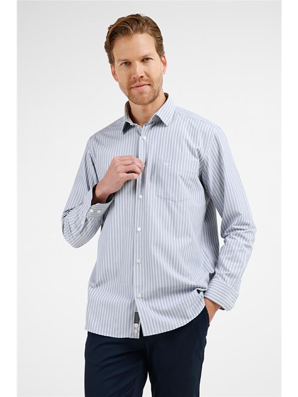 Siyah - Beyaz Çizgili Desen Sert Yaka Uzun Kol Cepli Comfort Fit Pamuklu Gömlek 1004255277-2