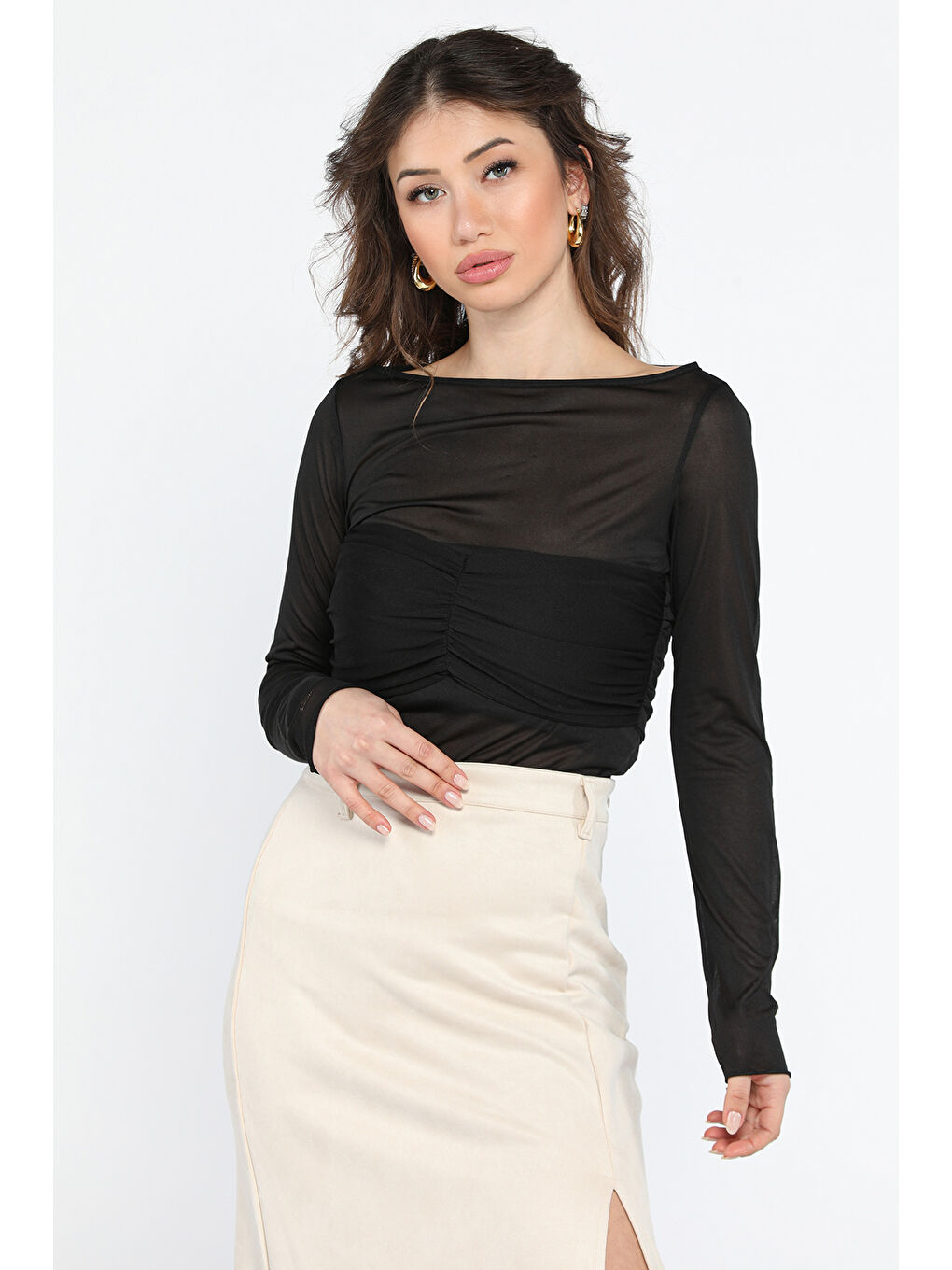 Siyah Kadın Burgu Detaylı Transparan Bluz-1