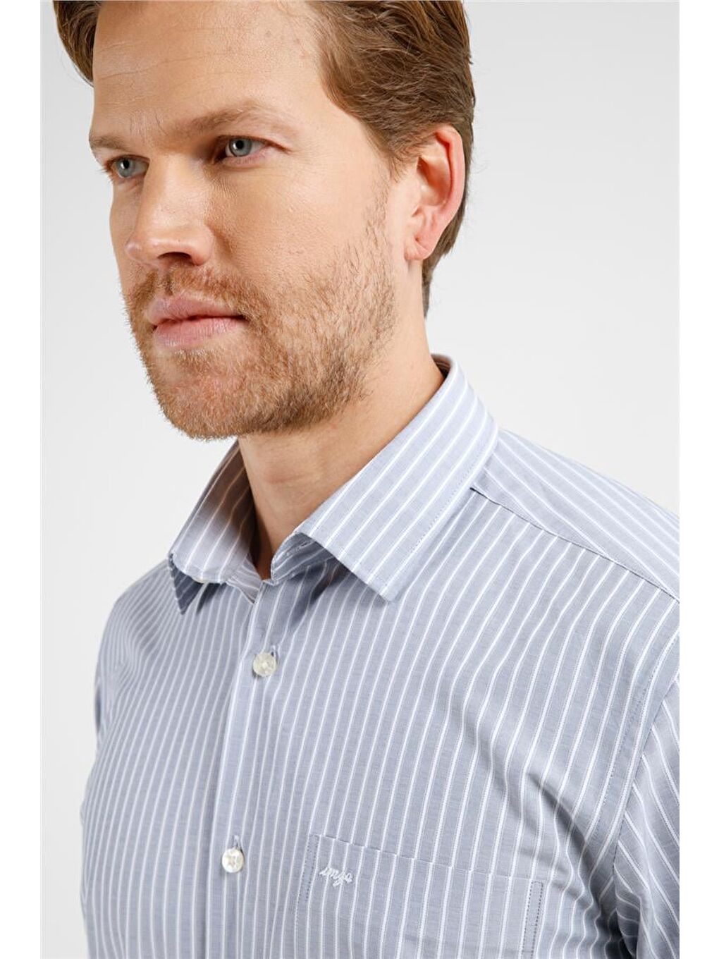 Siyah - Beyaz Çizgili Desen Sert Yaka Uzun Kol Cepli Comfort Fit Pamuklu Gömlek 1004255277-3